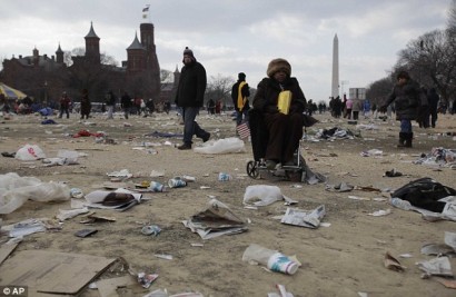 Trash and other debris scattered across the National Mall after obama inauguration ceremony
